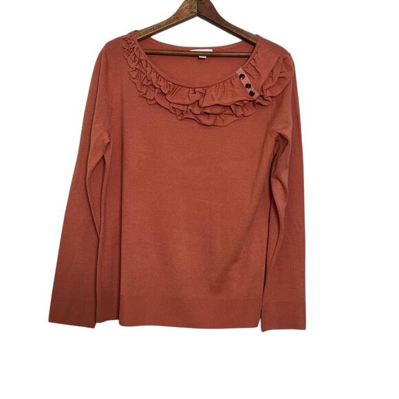 New York & Company Ruffle Neck Button Detail Long Sleeve Sweater Rust Size XL - Picture 3 of 10